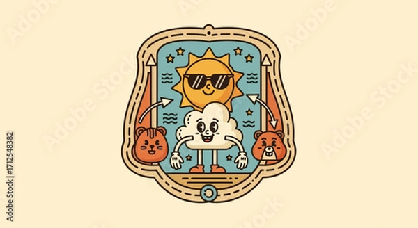 Fototapeta Retro Weather Cartoon Characters in a Decorative Frame.