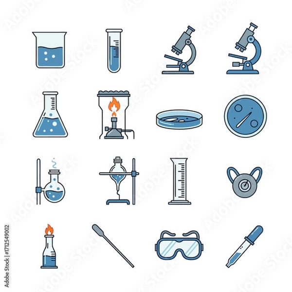 Obraz Science Lab Equipment Icons - Beaker, Test Tube, Microscope, Flask.