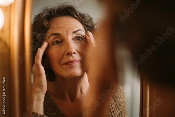 Fototapeta Woman examining her face in a mirror while performing a skincare routine in a bright, cozy bathroom setting
