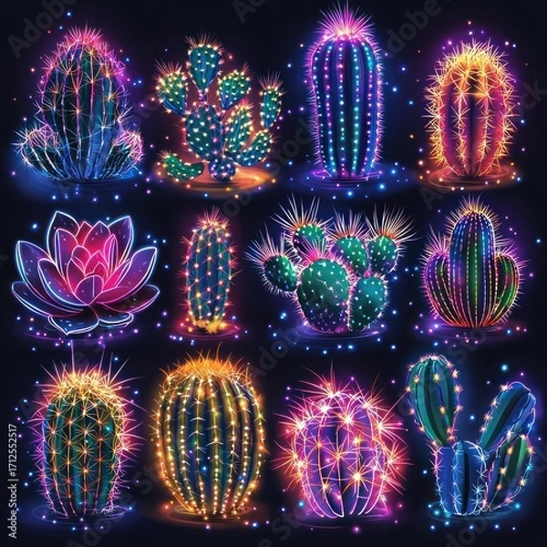 Fototapeta Neon Cactus Collection Glowing with Vibrant Light Art, Botanical Variety