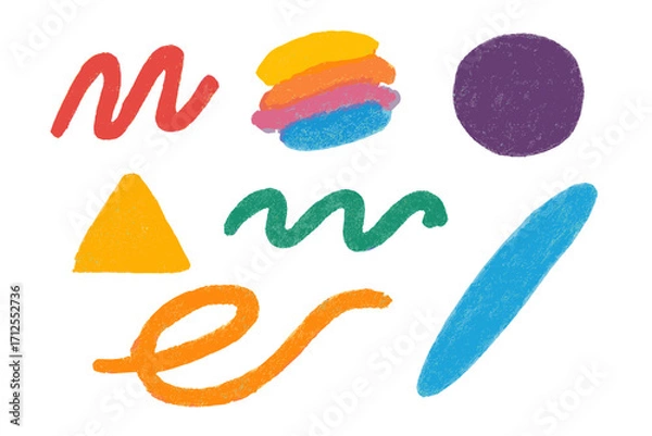 Fototapeta Set of colorful freehand charcoal strokes and shapes. Hand drawn abstract squiggles, scribbles, and smears. Vector illustration of bright colored crayon or pastel pencils.