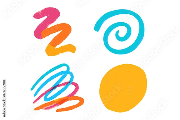 Fototapeta Set of colorful hand drawn charcoal strokes and shapes. Abstract vector scribbles, squiggles, and smears. Crayon doodle texture. Vibrant freehand pencil drawing elements.