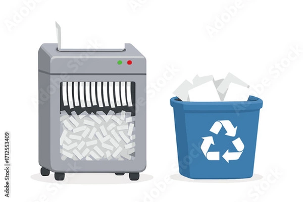 Fototapeta Office paper shredder destroying documents and recycle bin for paper waste. Concept data security, confidential information protection, and ecology recycling. Flat vector illustration.