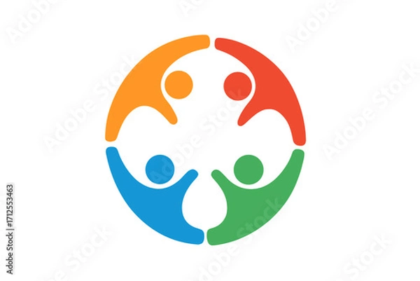 Fototapeta Teamwork diversity logo with people in a circle. Metaphor for community, unity, and social connection. Colorful abstract group of 4 holding hands. Vector symbol for support and togetherness.