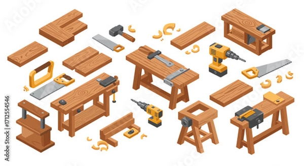 Fototapeta Isometric woodworking tools and workbenches on a white background