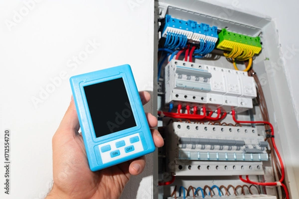 Fototapeta Hand holding portable measuring device with blank screen near open electrical panel, ready for design mockup.
