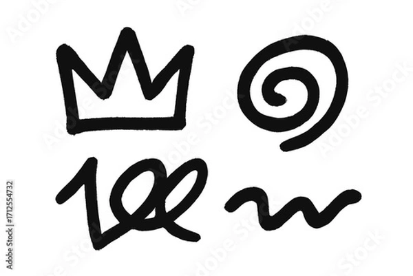 Fototapeta Graffiti spray paint shapes set. Hand drawn punk rock doodle elements. Abstract textured scribble, spiral and crown. Vector illustration for street art and urban design concepts.
