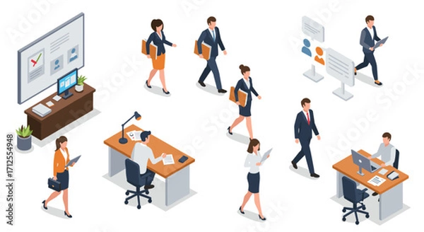 Fototapeta Isometric business professionals in office environment with technology and communication