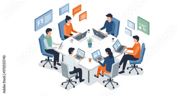 Fototapeta Collaborative team meeting in isometric style with diverse colleagues
