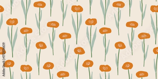 Fototapeta Trendy hand drawn seamless pattern with whimsical flowers. Cartoon vector endless background for textile, wallpaper. Charming botanical pattern. Trendy contemporary illustration