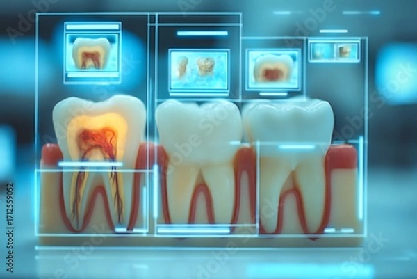 Fototapeta High-Tech Dental Treatment Concepts with Tooth Models and Digital Displays for Medical Illustration