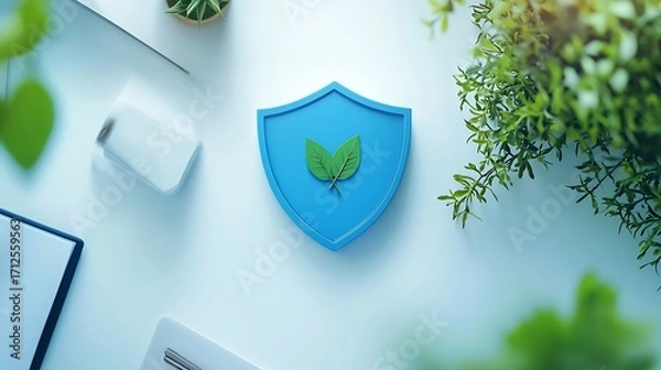 Fototapeta Green Shield Symbolizing Eco-Friendly Protection and Sustainability in Modern Office Environment with Natural Elements