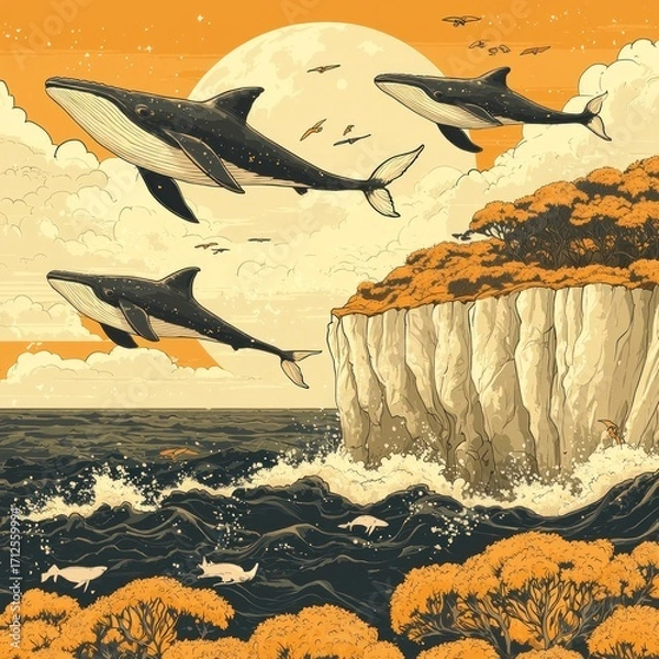 Fototapeta Whales Flying Over Ocean with Cliffside and Full Moon Illustration