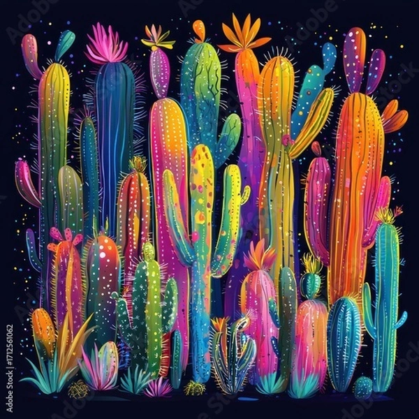 Fototapeta Vibrant Cactus Garden with Blooming Flowers and Colorful Art Style