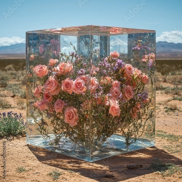 Fototapeta Roses Preserved in Ice Cube Displayed in Desert Landscape Setting