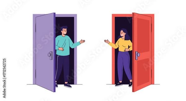 Fototapeta Two people stand in open doorways of different colored doors.