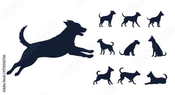 Fototapeta Set of dog silhouettes in various playful poses.