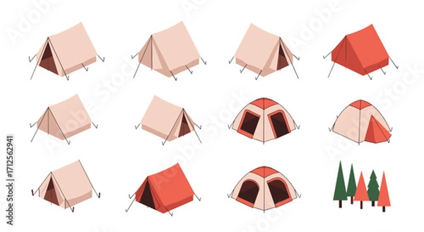 Fototapeta A collection of different types of camping tents and trees.