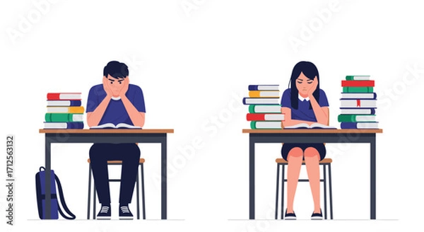Fototapeta Two bored students struggling with their studies at their desks.