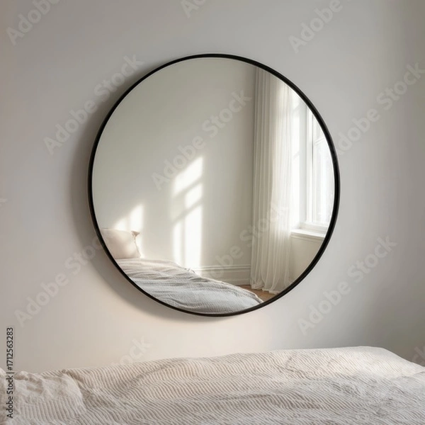 Fototapeta Minimalist Round Mirror Reflecting a Sunlit Bedroom with Textured Bedding