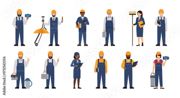 Fototapeta A collection of construction workers with different tools and outfits.