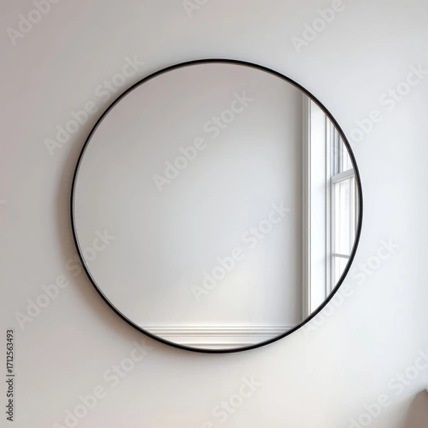 Fototapeta Minimalist Round Mirror with Black Frame Reflecting a Window and Wall
