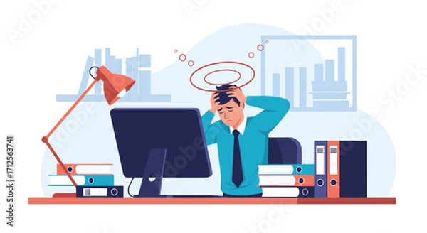 Fototapeta Feeling overwhelmed at work and struggling with a difficult task.