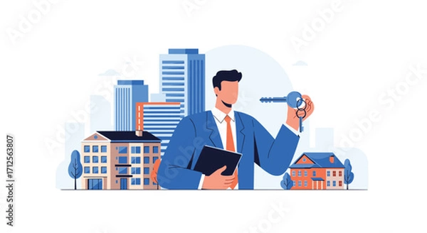 Fototapeta Real estate agent holding a key with buildings in the background.
