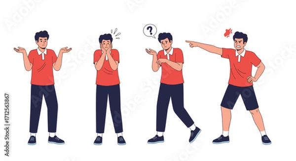 Fototapeta Young man displaying various emotions and reactions in distinct poses.