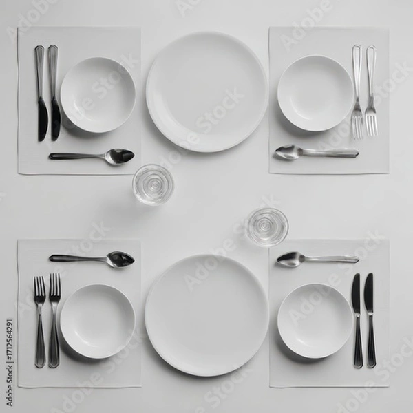 Fototapeta Minimalist Table Setting for Four with White Plates and Silverware
