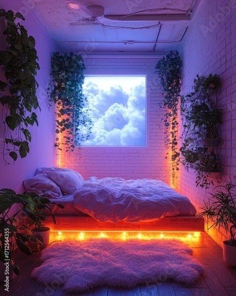 Fototapeta Cozy Bedroom with Clouds View, Plants and Ambient Lighting