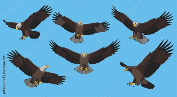 Fototapeta A collection of pixel art eagles in flight against a blue background.