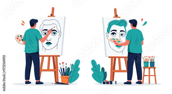 Fototapeta Two artists painting portraits on easels using colorful palettes and brushes.