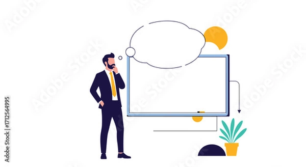 Fototapeta Business professional contemplating ideas in front of a blank whiteboard.