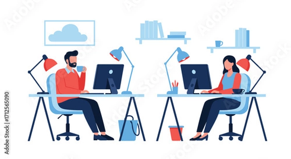 Fototapeta Two colleagues working diligently at their desks in an office setting.