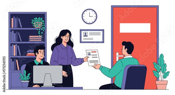 Fototapeta Job interview process with candidate and interviewer in office.