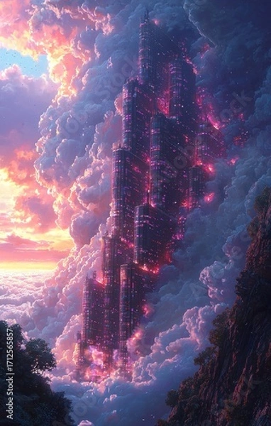 Fototapeta Futuristic Cityscape Towering Above Clouds at Sunset with Ethereal Glow