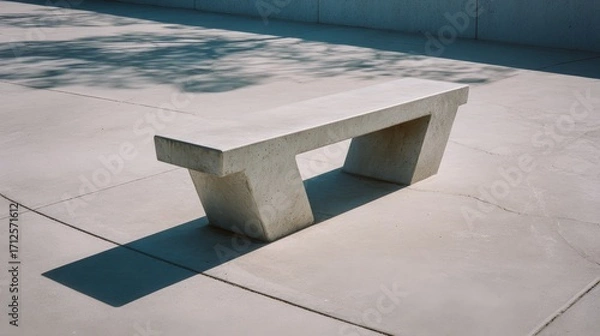 Fototapeta Modern concrete bench with geometric design casting a long shadow on pavement