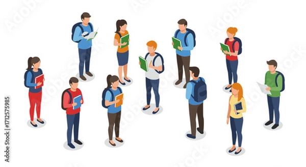 Fototapeta Isometric group of diverse students reading and discussing in casual setting
