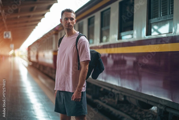 Fototapeta traveler guy boarding train at busy railroad station, young man with backpack starting journey on railway platform