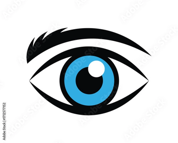 Fototapeta Stylized bright blue eye with black lashes and brows appears against a white background