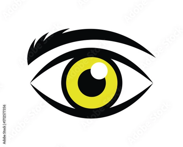 Fototapeta Stylized eye with yellow iris and black outline stares forward on white background