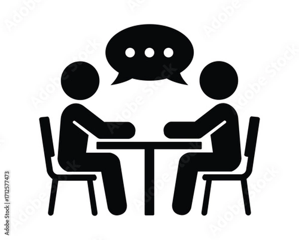Fototapeta Two black stick figures discuss ideas at a table, with a white background
