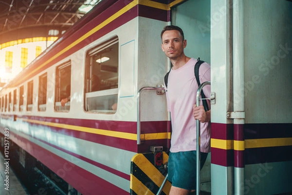 Fototapeta traveler guy boarding train at busy railroad station, young man with backpack starting journey on railway platform
