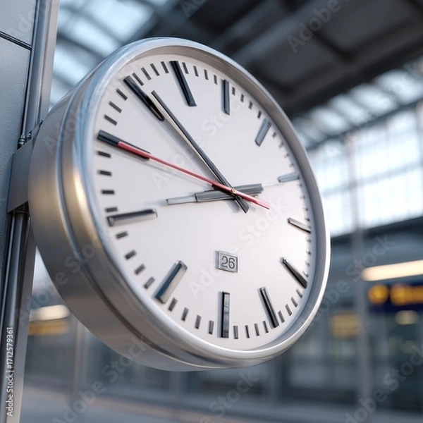 Fototapeta Modern Silver Wall Clock at Train Station, Time Display, 26th Day