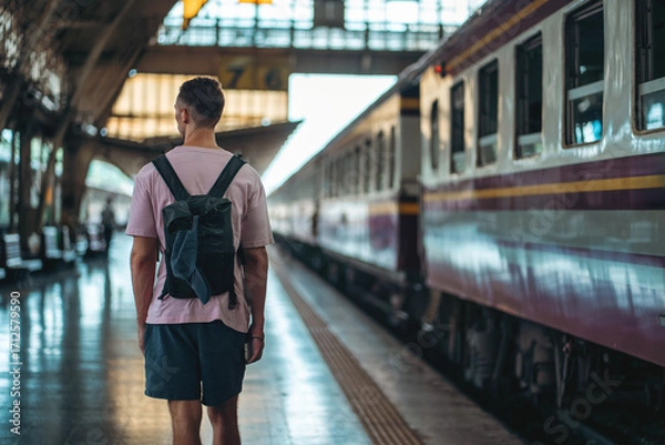 Fototapeta traveler guy boarding train at busy railroad station, young man with backpack starting journey on railway platform