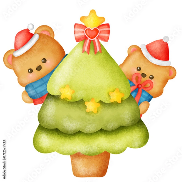 Fototapeta Two bears are sitting on top of a Christmas tree. One bear is wearing a red hat and the other bear is wearing a blue hat