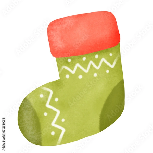 Fototapeta A green and red sock with a red tip. The sock is decorated with white and green stripes