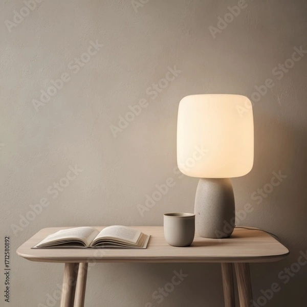 Fototapeta Modern Table Lamp, Open Book, and Ceramic Mug on a Light Wooden Table
