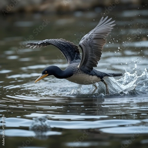 Fototapeta A cormorant bird diving into the river water, wings slightly open, natural ripples and splashes, realistic wildlife photography, ultra realistic, stock photo style